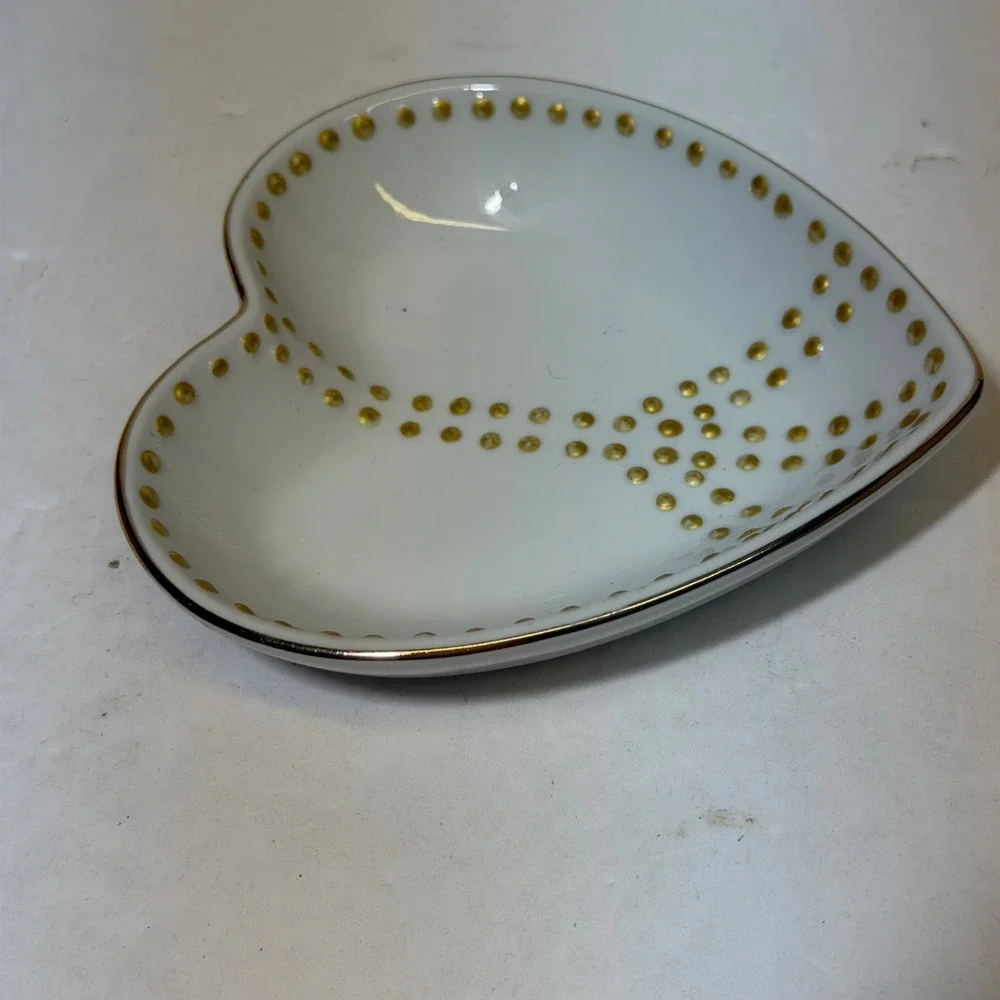 Pottery Barn Heart Trinket Dish White Ceramic Gold Dotted Peace Sign Decorative